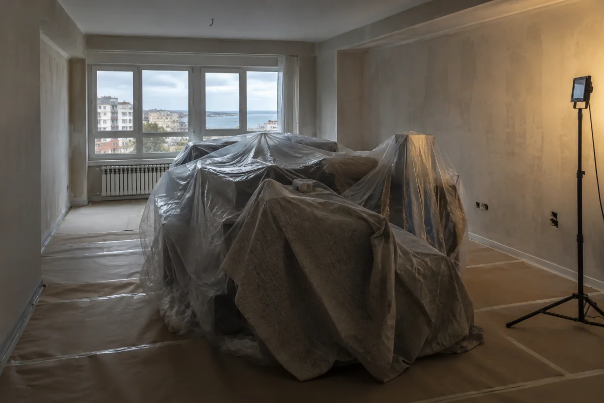 Salón de un piso de Gijón con muebles cubiertos y suelo protegido, paredes recién alisadas tras quitar el gotelé