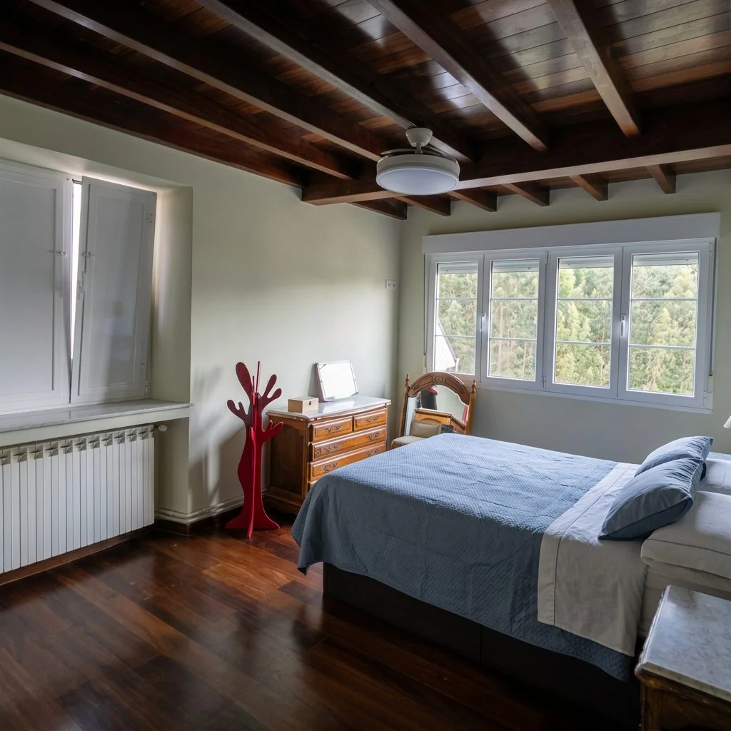 Dormitorio de una casa con vigas de madera y las paredes recién pintadas