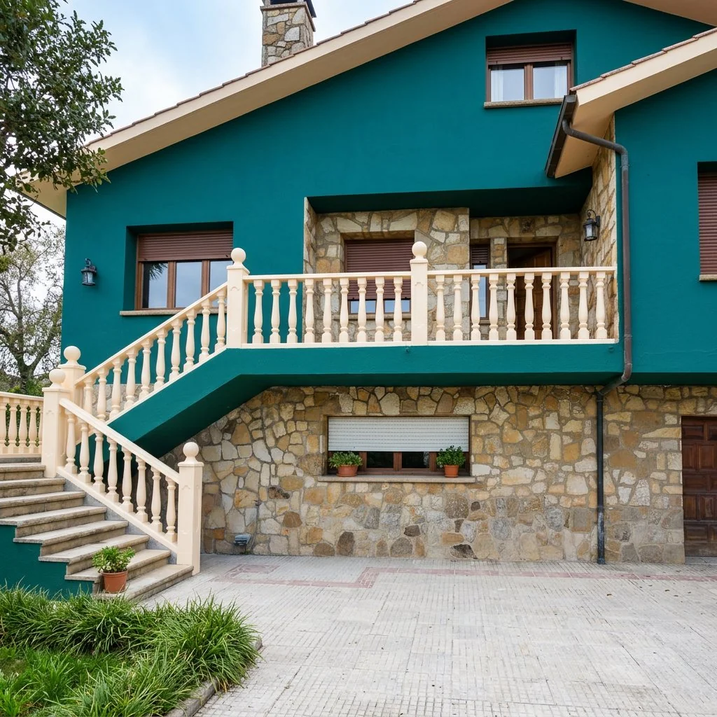 Casa con la fachada rehabilitada y pintada en verde azulado, con zócalo de piedra y escalera exterior