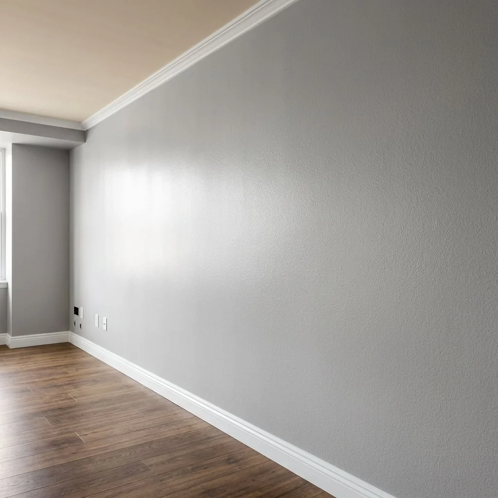 Pared lisa en gris con moldura blanca tras quitar el gotelé