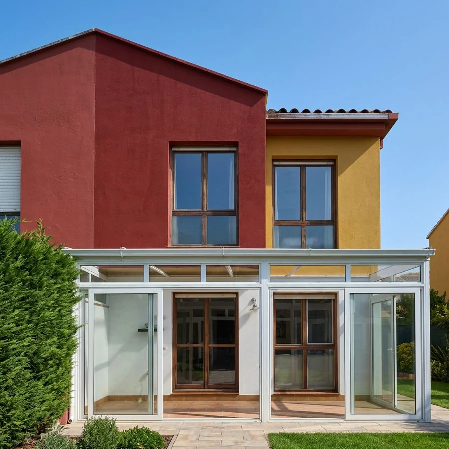Casa con la fachada pintada en rojo y amarillo y una galería acristalada en La Fresneda, Siero