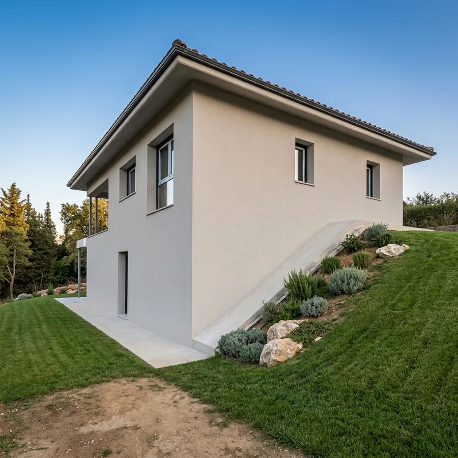Casa en Ribadesella con la fachada reparada y pintada en gris claro y jardín en pendiente