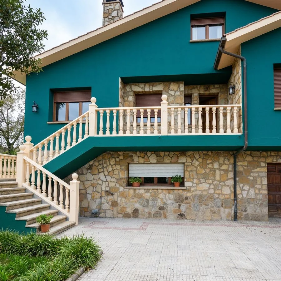 Casa con la fachada pintada en verde azulado y piedra en Villaviciosa