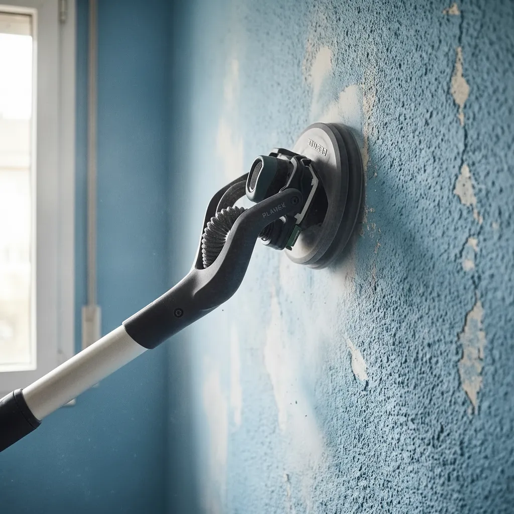 Lijadora profesional desbastando la pared con gotelé de un piso en Gijón, Asturias.